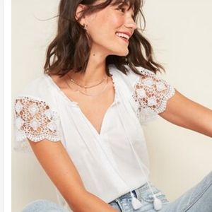 NWOT Old Navy TIE NECK Crochet Lace SHORT SLEEVE Popover Top/ Blouse XL